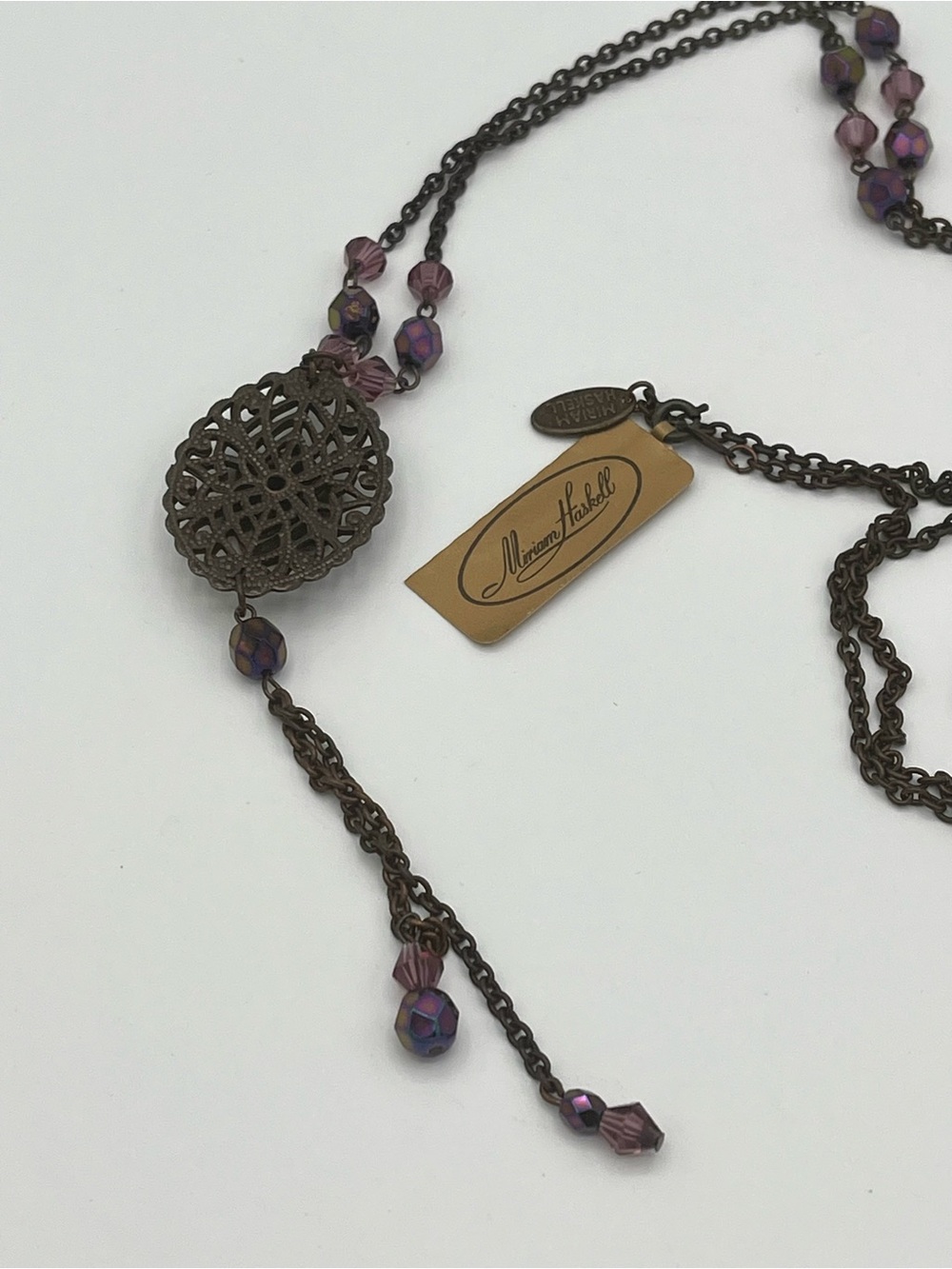 Miriam Haskell Purple Beaded Filigree Drop Necklace - Picture 8 of 11